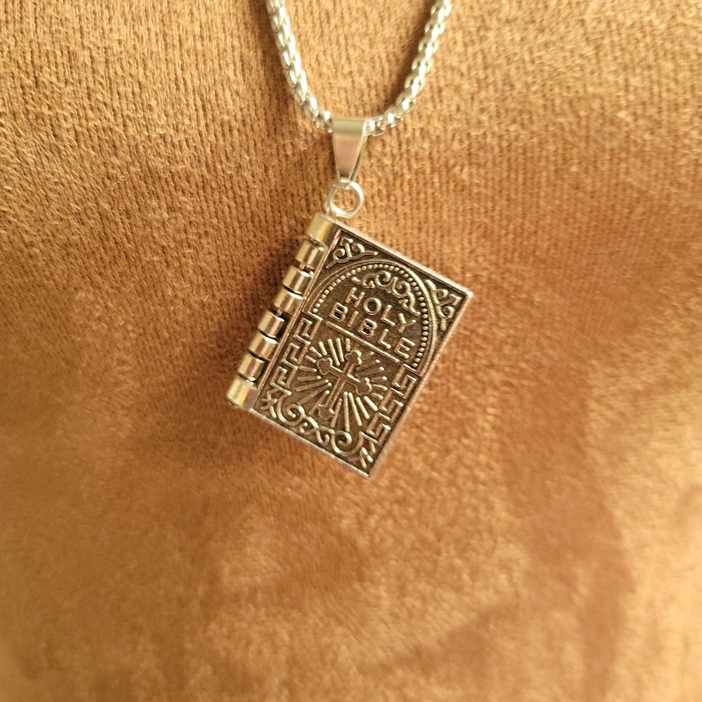 Silver Holy Bible Lords Prayer Opening Book Pendant Necklace‎  24" Dark Academia